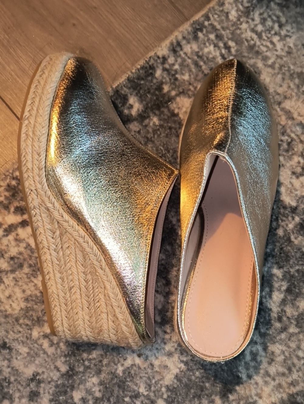 Metallic Gold Espadrille Wedge Mules - Women 3in Heel Gold In Color